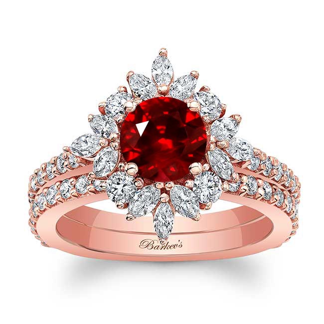 Rose Gold Marquise Halo Ruby And Diamond Wedding Set