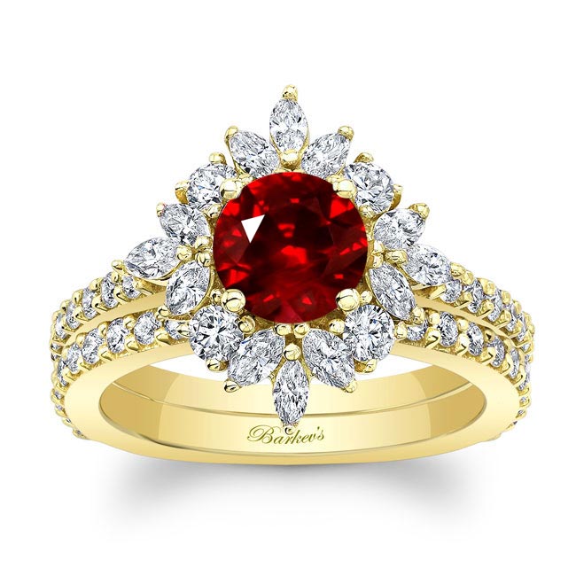 Yellow Gold Marquise Halo Ruby And Diamond Wedding Set