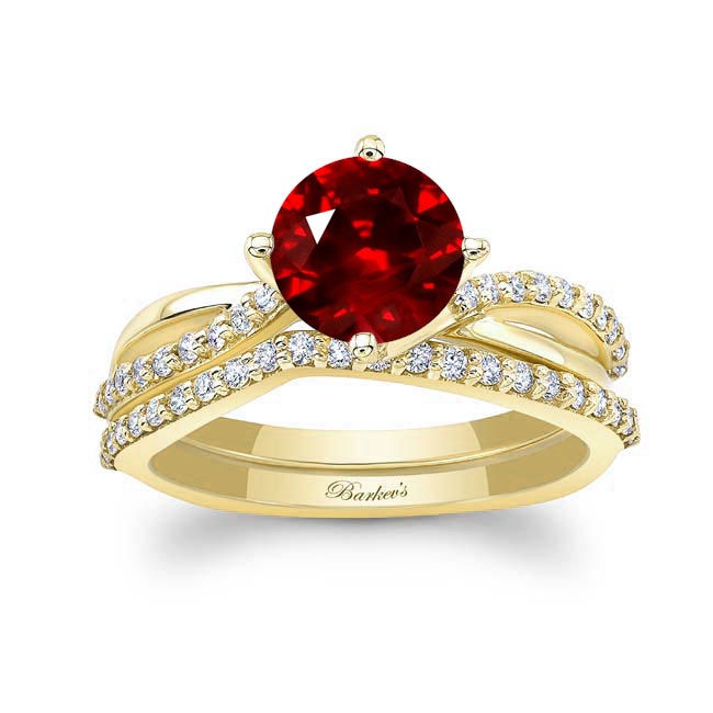 Yellow Gold Twisted Ruby And Diamond Bridal Set