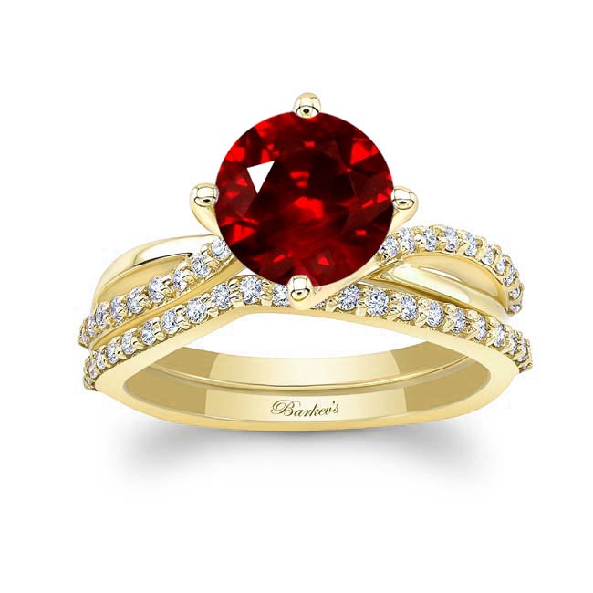 Yellow Gold 2 Carat Twisted Ruby And Diamond Bridal Set