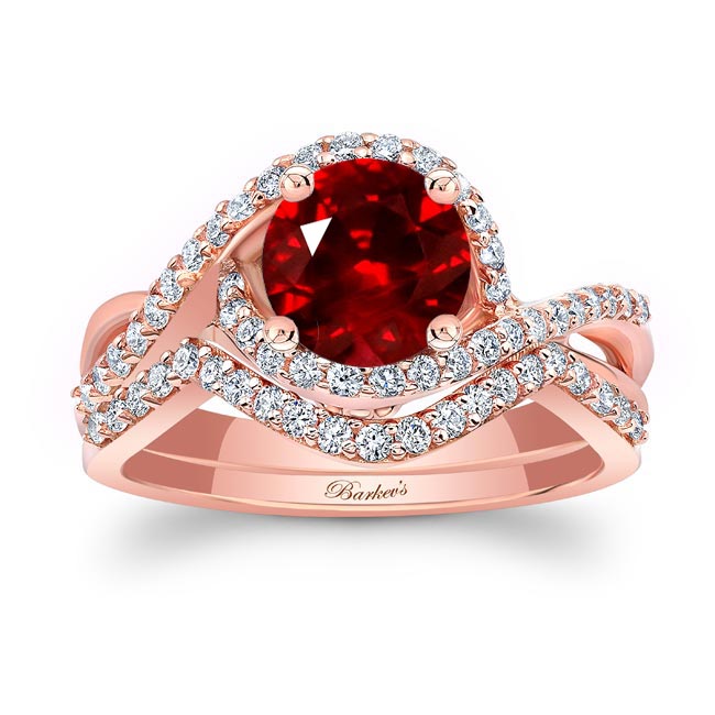 Rose Gold Twisted Halo Ruby And Diamond Wedding Set