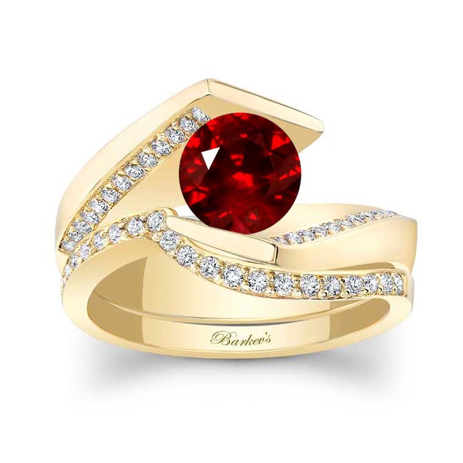 Yellow Gold Tension Setting Ruby And Diamond Bridal Set