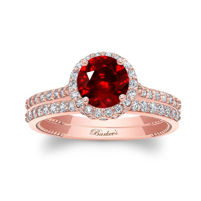 Rose Gold Round Halo Lab Ruby And Diamond Wedding Set