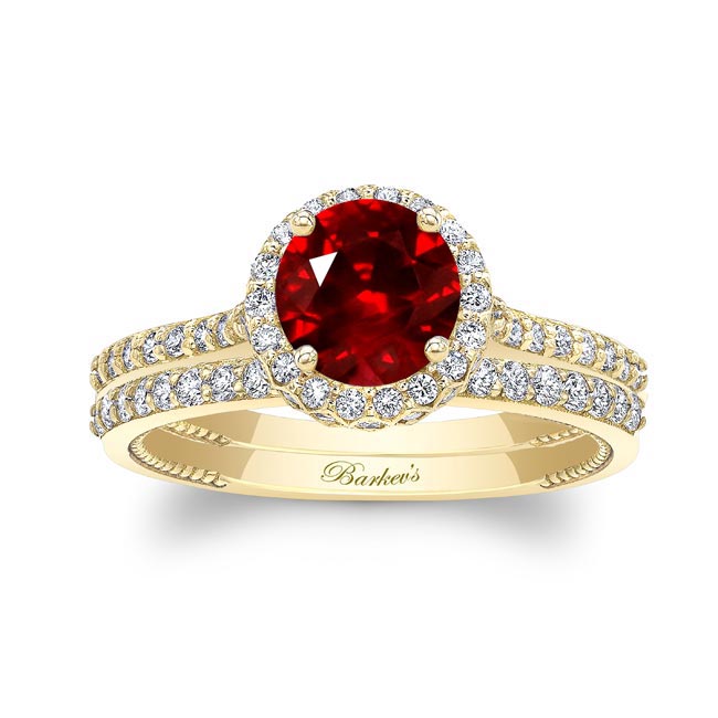 Yellow Gold Round Halo Ruby And Diamond Wedding Set