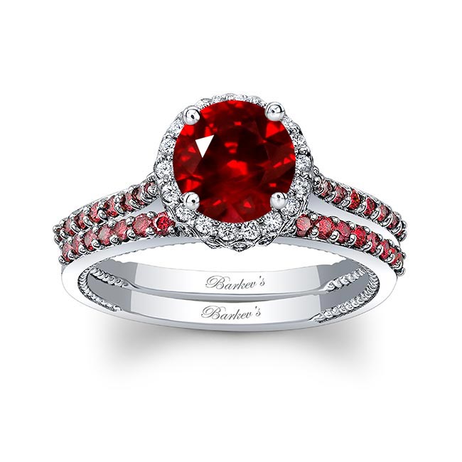 Round Halo Ruby Wedding Set