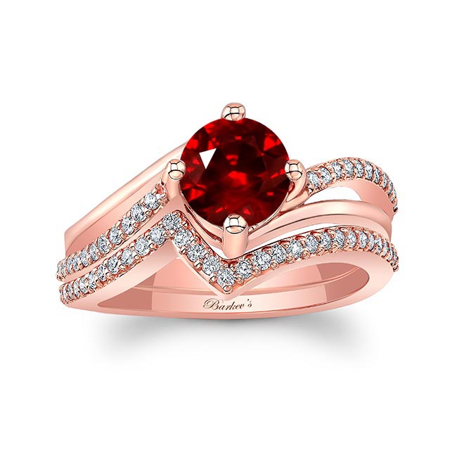 Rose Gold Lab Ruby And Diamond Split Shank Wedding Set