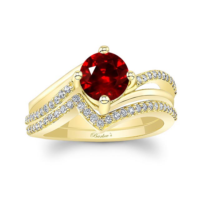 Yellow Gold Lab Ruby And Diamond Split Shank Wedding Set