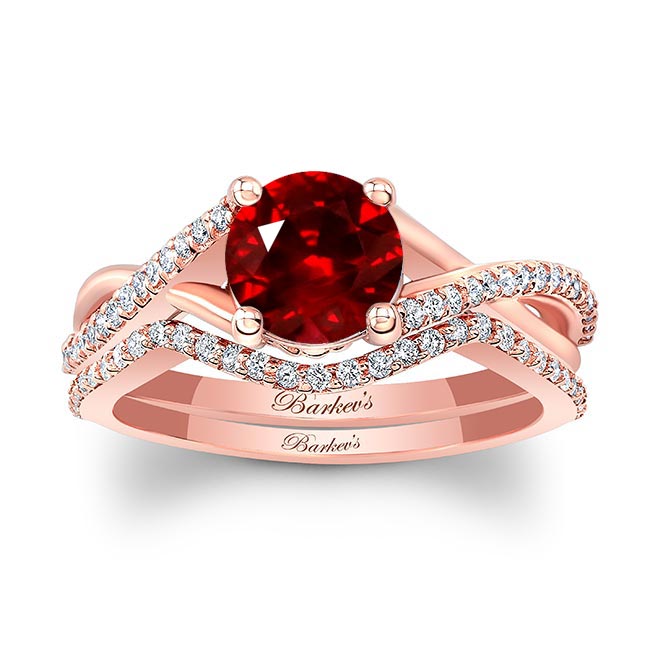 Rose Gold One Carat Ruby And Diamond Bridal Set