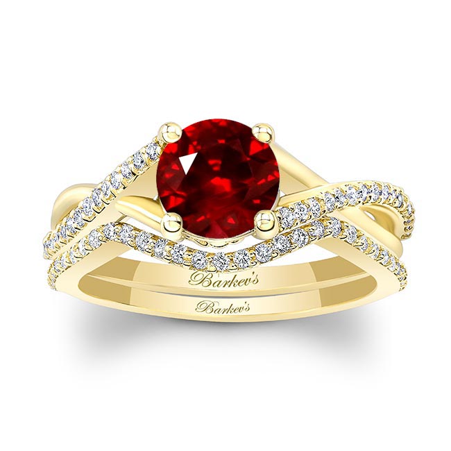 Yellow Gold One Carat Ruby And Diamond Bridal Set