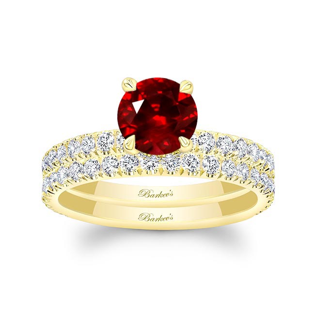 Yellow Gold Lab Grown Ruby And Diamond Halo Wedding Set