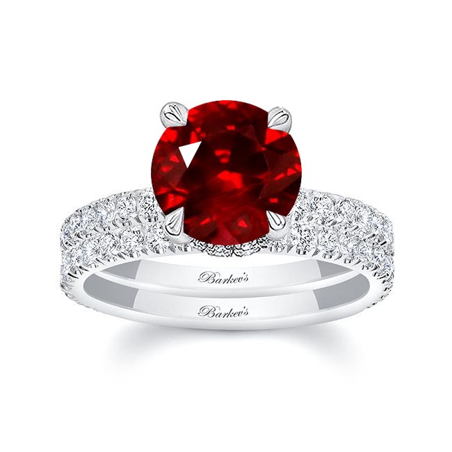 3 Carat Ruby And Diamond Halo Wedding Set