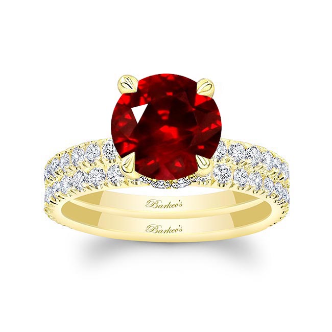 Yellow Gold 3 Carat Ruby And Diamond Halo Wedding Set