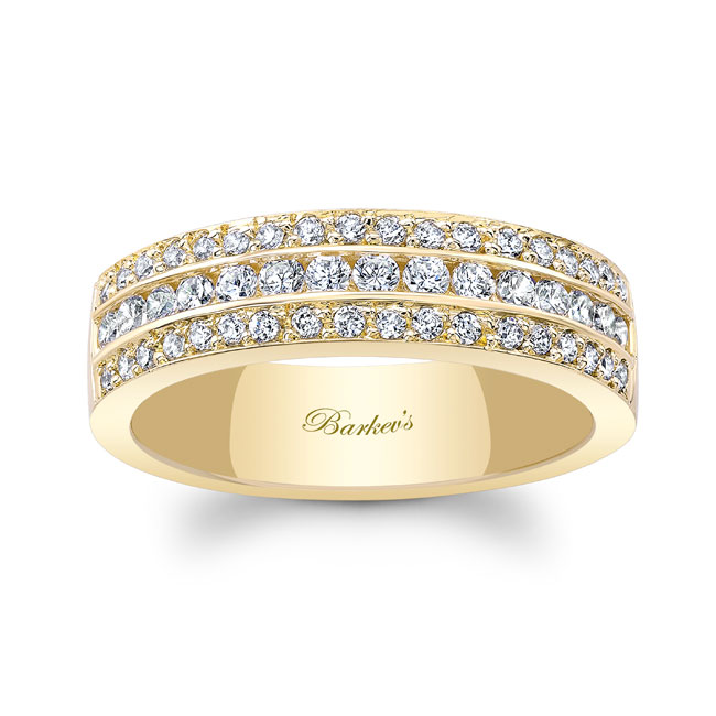 Yellow Gold Three Row Diamond Wedding Band