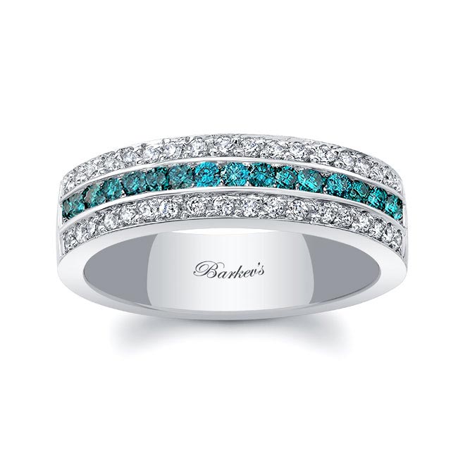 Mens Three Row Blue And White Diamond Wedding Band