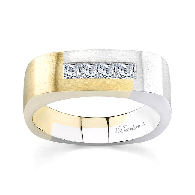 White Yellow Gold Mens 4 Stone Princess Cut Diamond Wedding Band