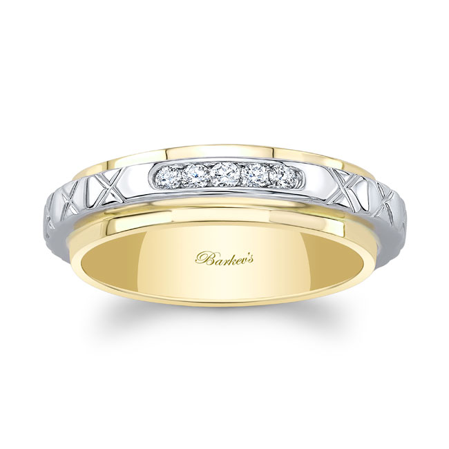 White Yellow Gold Carved Wedding Band