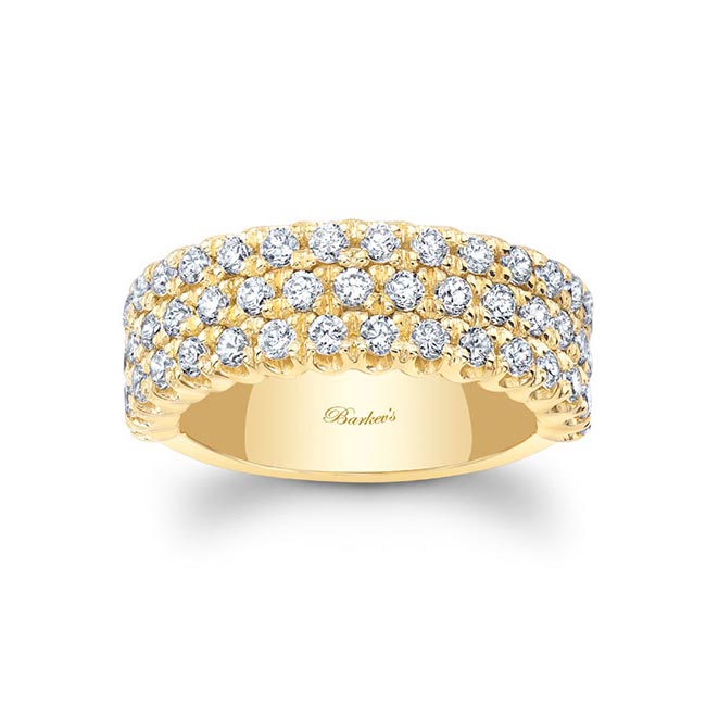 Yellow Gold Wide Three Row Diamond Wedding Band