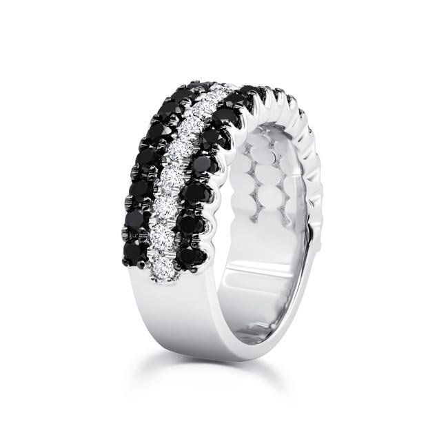 Platinum Mens Wide Three Row Black And White Diamond Wedding Band Image 2